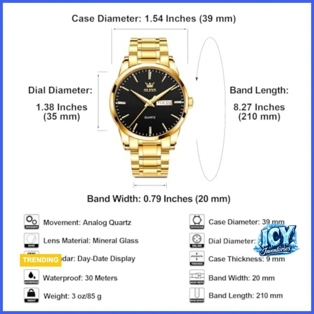 Stainless Steel Analog Quartz Watch with Luminous Hands Day Date Display